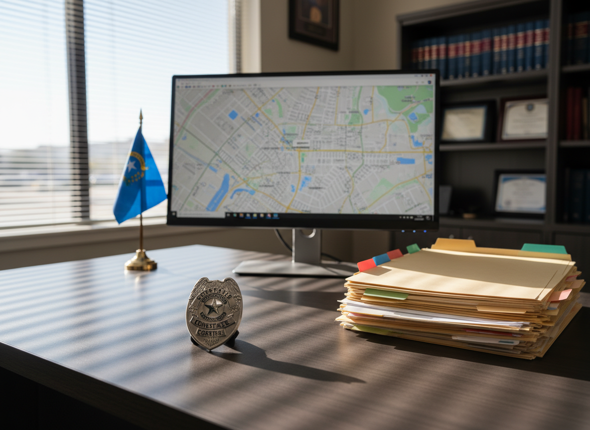 A meticulously organized constable’s office desk in North Las Vegas, featuring a matte-finish dark wood surface with a subtle grain pattern. On the desk rests an official-looking silver constable badge, a neatly stacked set of case folders with colored tabs, and a modern, slim computer monitor displaying a city map. A small Nevada flag on a polished metal stand adds a formal touch. Morning sunlight streams in from a nearby window, casting soft, diffused light and faint shadows from the monitor and badge. Photographic realism highlights fine textures in paper, metal, and fabric. The composition is centered with a shallow depth of field, creating a calm, professional, and trustworthy atmosphere that underscores decades of public safety experience.