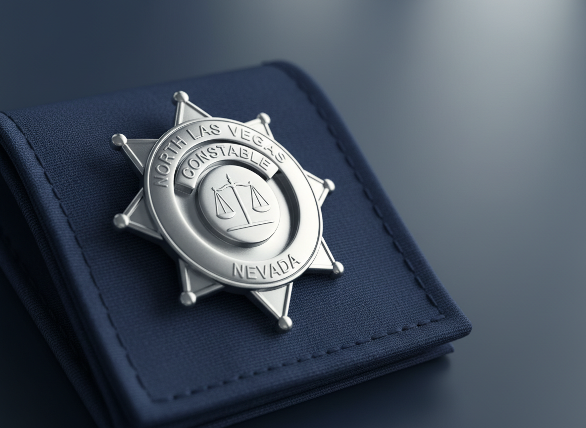 A close-up, photographic-realism image of a polished metal constable badge resting on a folded, navy-blue uniform fabric with fine stitching visible along the seams. The badge features engraved text indicating “North Las Vegas Constable” and a subtle emblem of justice scales, with light catching on its beveled edges and raised lettering. Soft studio lighting from the side creates delicate highlights and gentle shadows, enhancing the three-dimensional detail. The background fades into a tasteful blur of muted blues and grays, allowing the badge and fabric textures to dominate the frame. Shot at a slight angle with shallow depth of field, the mood is respectful, dignified, and professional, reflecting decades of public safety commitment and integrity in service.