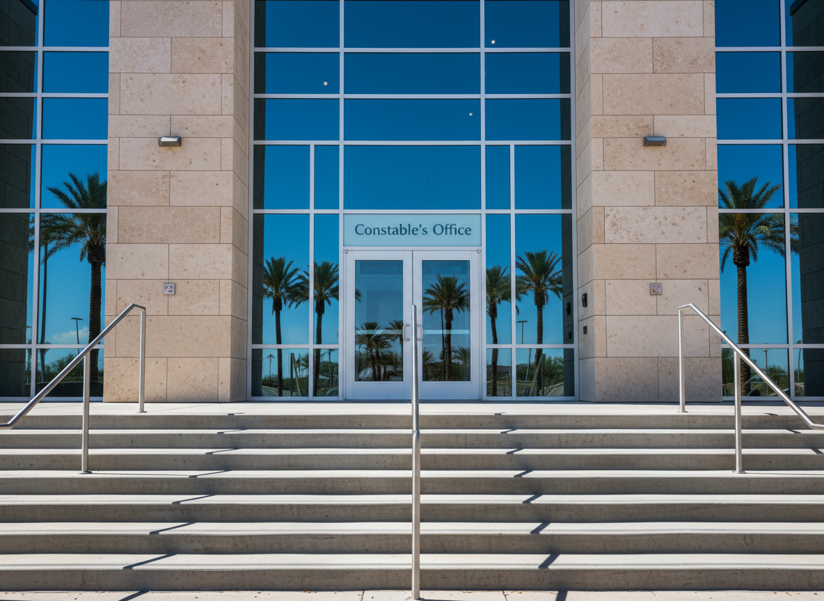 A detailed view of a North Las Vegas municipal building entrance, featuring clean concrete steps leading up to large glass doors framed by brushed steel. The building facade is constructed of light-colored stone and glass, reflecting the clear desert sky and a hint of palm trees in the distance. The words “Constable’s Office” appear etched in frosted glass above the entrance. Midday sunlight creates crisp, defined shadows along the steps and handrails, emphasizing structure and stability. Photographic realism captures the fine texture of stone, the reflective glass surfaces, and the precise metalwork. Shot from a slightly low angle with a centered composition, the mood is confident, transparent, and accessible, ideal for a campaign focused on trust in local government institutions.