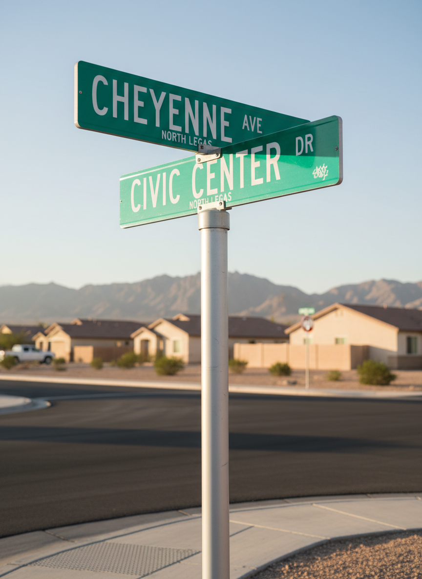 A detailed close-up of a North Las Vegas street intersection sign, the green metal blades crisp and clean, bolted securely to a brushed aluminum pole. In the background, the recognizable silhouette of the desert mountains and low, stucco neighborhood buildings appear softly out of focus. Late afternoon golden sunlight bathes the scene, creating warm highlights along the edges of the metal and gentle, elongated shadows on the pavement below. Photographic realism captures tiny bolts, subtle paint texture, and the reflective surface of the sign. Shot from a slightly low angle to convey stability and direction, the mood is optimistic, community-centered, and forward-looking, ideal for a local political campaign emphasizing neighborhood safety and familiarity.