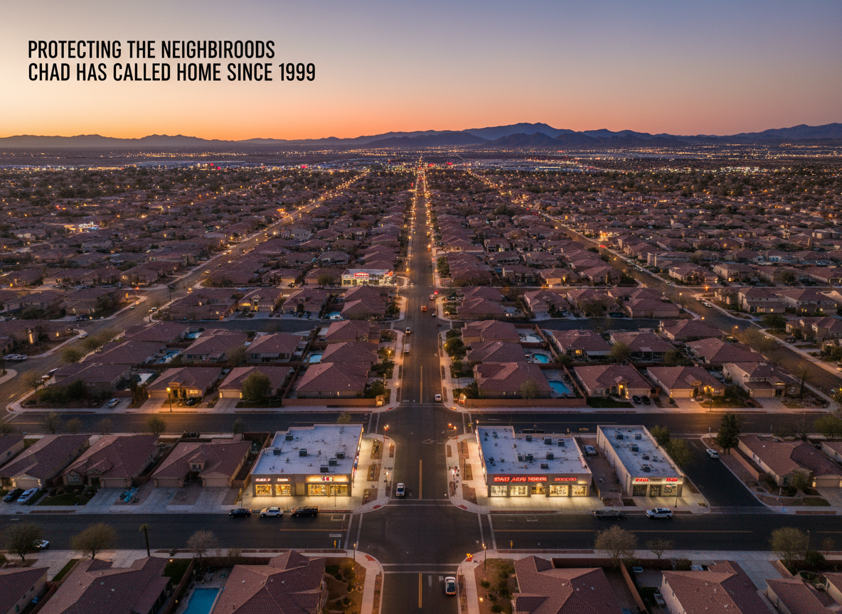 An aerial, photographic-realism view of a North Las Vegas neighborhood at dusk, showcasing neatly arranged residential streets, well-lit intersections, and small local businesses with illuminated signage. Streetlights cast warm pools of light on the asphalt, while the distant desert mountains are silhouetted against a soft, fading orange and purple sky. The composition uses a wide-angle lens effect, with crisp detail in the foreground roads and a gentle blur as the city stretches toward the horizon. The mood is safe, orderly, and community-focused, suggesting a city under careful watch. The balanced lighting and clean, modern aesthetic make it ideal for a campaign message about protecting the neighborhoods Chad has called home since 1999.